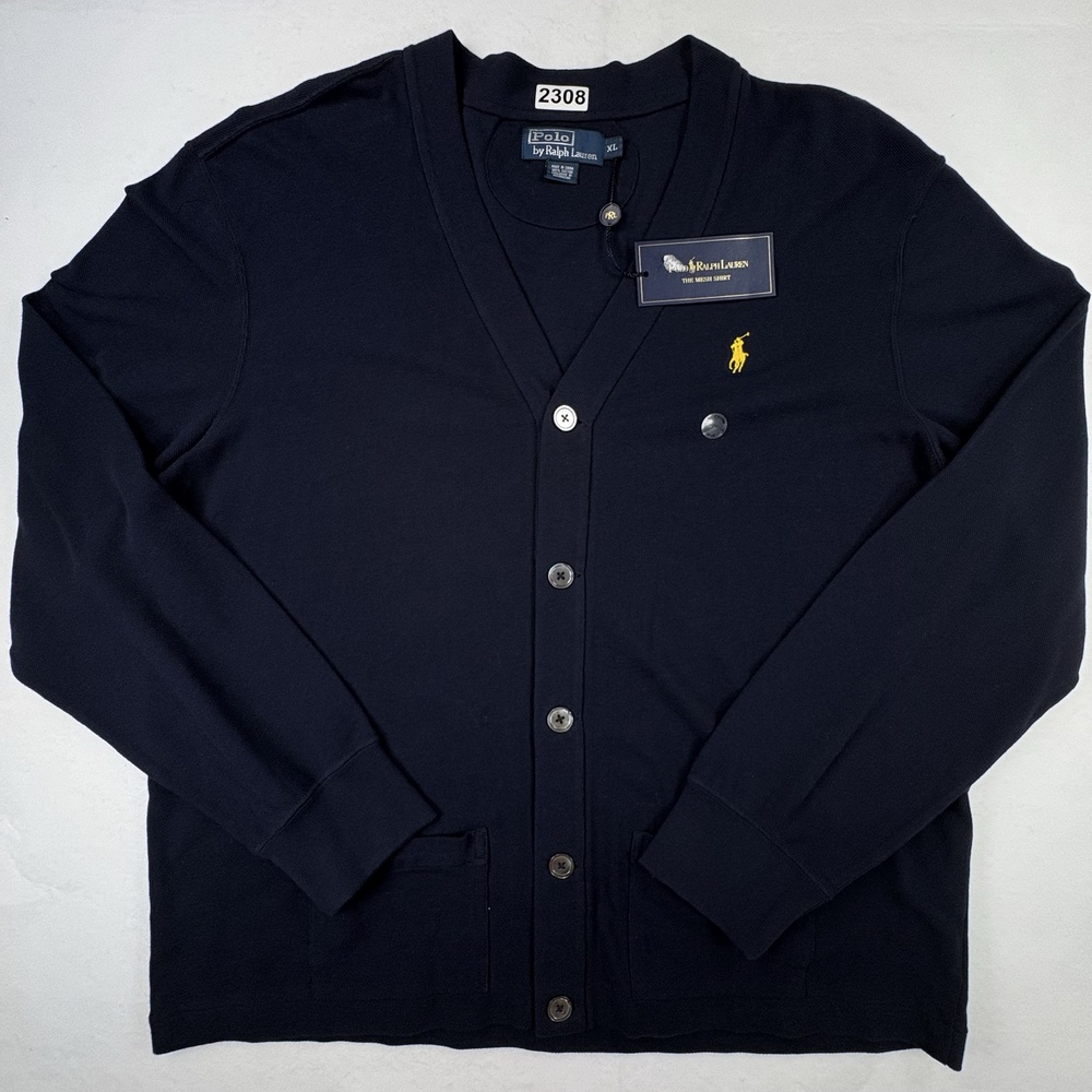 Polo Ralph Lauren Sweater Mens XL Blue Cotton V-Neck Cardigan Knit Pockets NEW